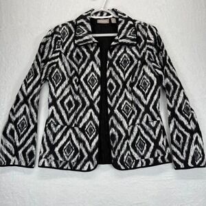Chico's Diamond Pattern Quilted Jacket Open Front Blazer Black White Size 0 US S